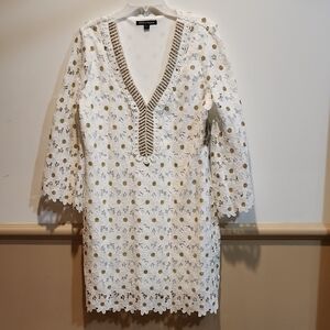 Boston Proper White and Gold Lace Mini Dress